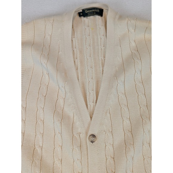 VTG Greenwich Mens Cable Knit V Neck Button Front Vest Cream Sz M Grandpa Core - Picture 2 of 8
